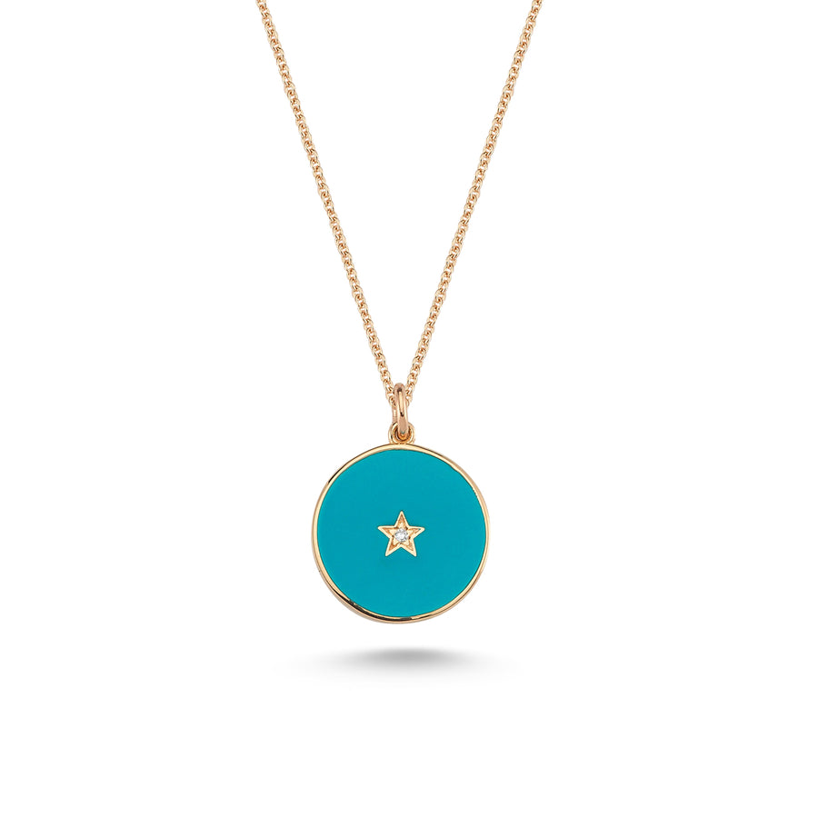Gökyüzünün eşsiz mavisini 14 Ayar Rose Altın ile harmanlayan Enamel Mavi Mine Yuvarlak Pırlanta Kolye