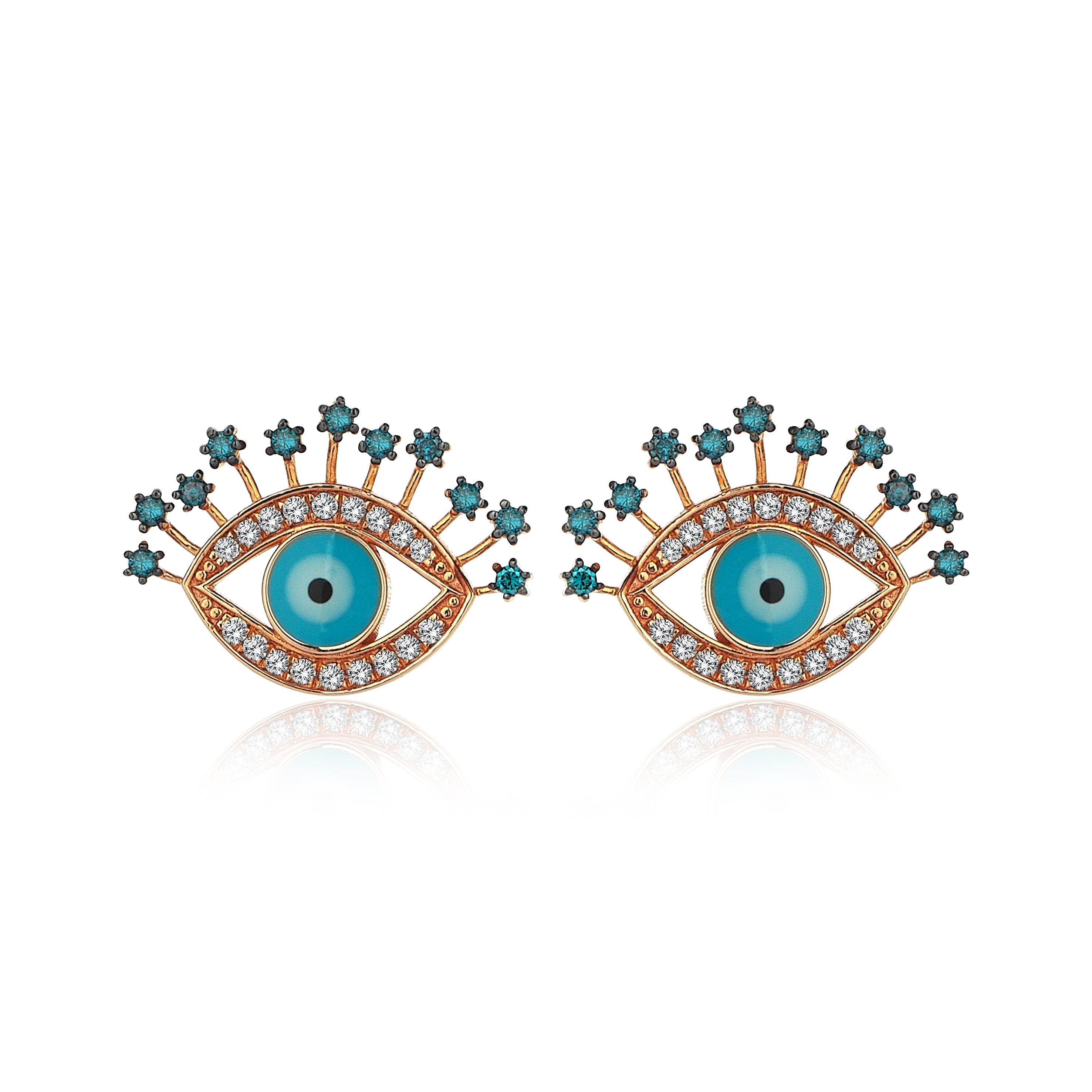 Göz motifini mavi pırlantalar ve 14 Ayar Rose Altın ile modern bir tasarım haline gelen Eyeful Gaze Mavi Pırlanta Göz Küpe
