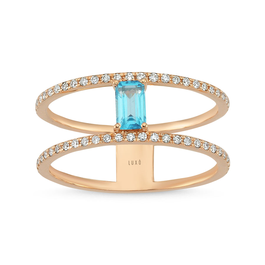 14 ayar rose altın çift halka ortasında mavi topaz taş yüzük