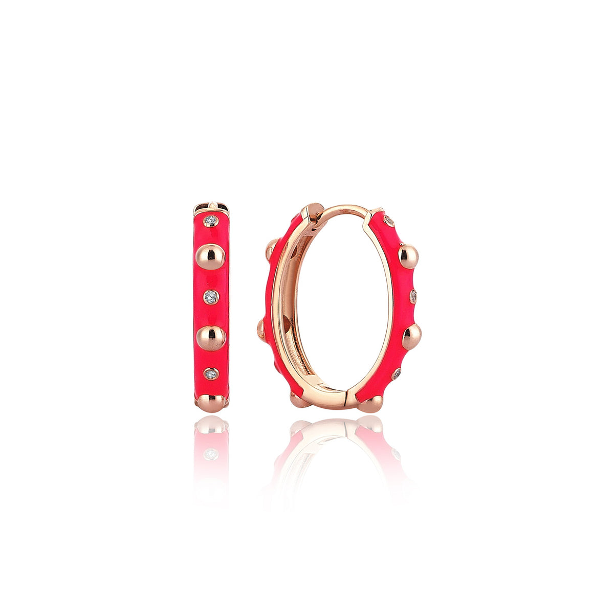14 Ayar Rose Altın üzerine neon pembe mine kaplamalı bubble detaylı tasarım pırlanta halka küpe
