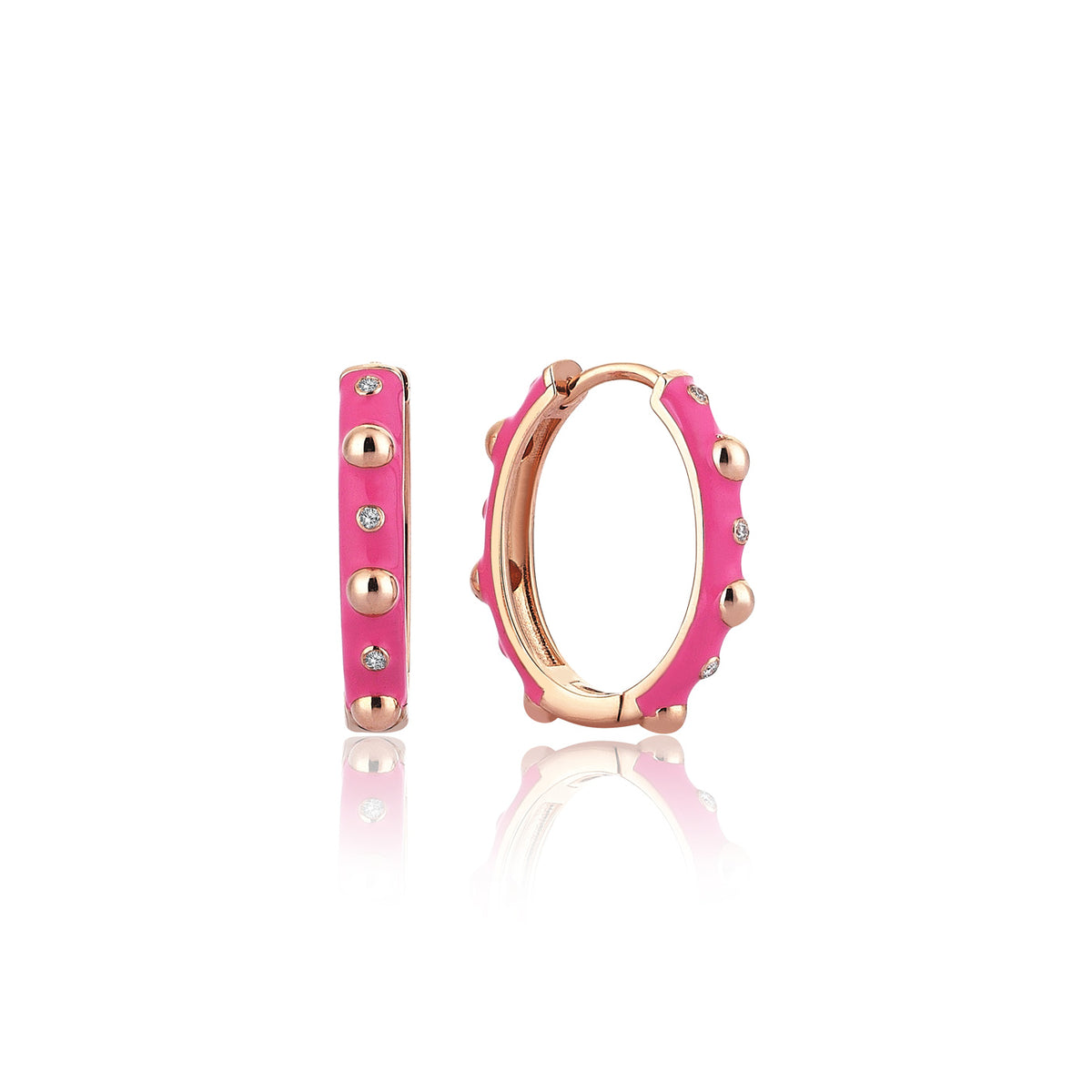 14 Ayar Rose Altın üzerine pembe mine kaplamalı bubble detaylı tasarım pırlanta halka küpe