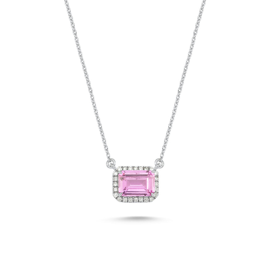 14 ayar beyaz altın çerçevesinde çevresi pırlanta detaylı pembe topaz pırlanta kolye